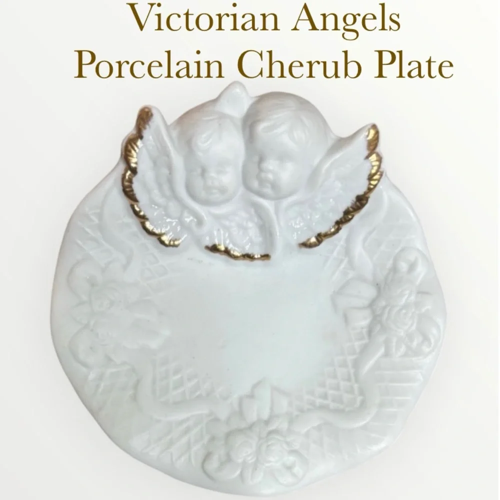Victorian Angel Plate Jewelry Trinkets Soap Dish White Porcelain Gold Trim Wings